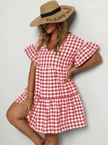 Calvaya 大碼格紋荷葉邊袖荷葉邊下擺連衣裙 - 紅白色 - 查看 4