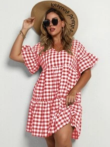 Calvaya 大碼格紋荷葉邊袖荷葉邊下擺連衣裙 - 紅白色 - 查看 5