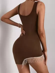 SHEIN SXY Fringe Trim Asymmetrical Hem Bodycon Dress - Chocolate Brown - View 2