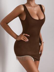 SHEIN SXY Fringe Trim Asymmetrical Hem Bodycon Dress - Chocolate Brown - View 4