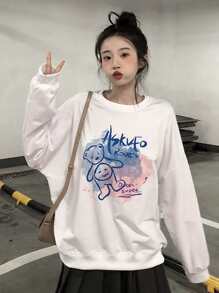 卡通和字母圖案落肩袖超大套頭衫 - 白色 - 查看 1