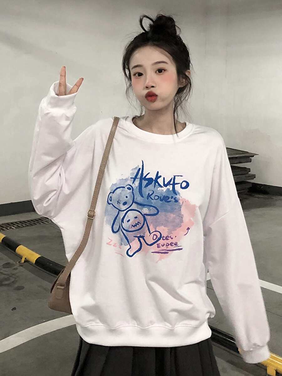 卡通和字母圖案落肩袖超大套頭衫 - 白色 - 查看 1