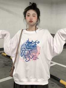 卡通和字母圖案落肩袖超大套頭衫 - 白色 - 查看 3