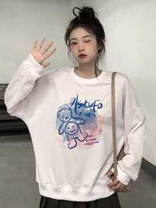 卡通和字母圖案落肩袖超大套頭衫 - 白色 - 查看 4