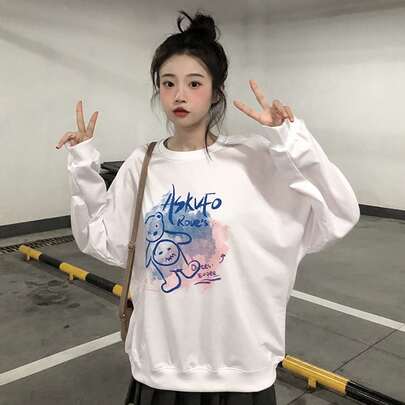 오버사이즈 풀오버 카툰과 알파벳 패턴 드롭 숄더