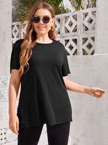 SHEIN LUNE 大碼素色下擺開叉T恤 - 黑色 - 查看 4