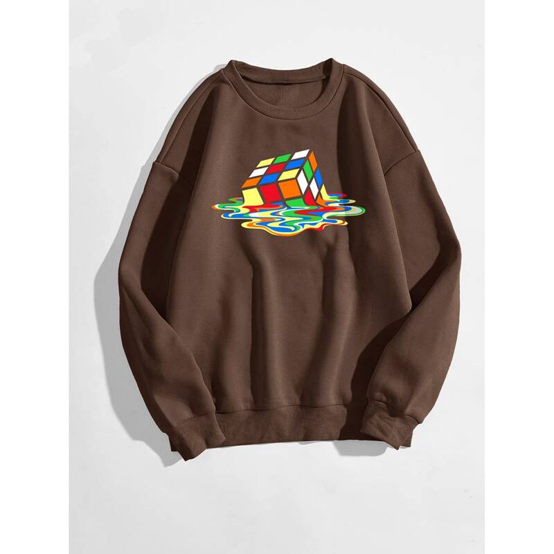 

Rubik's Cube Print Thermal Lined Sweatshirt, Coffee brown