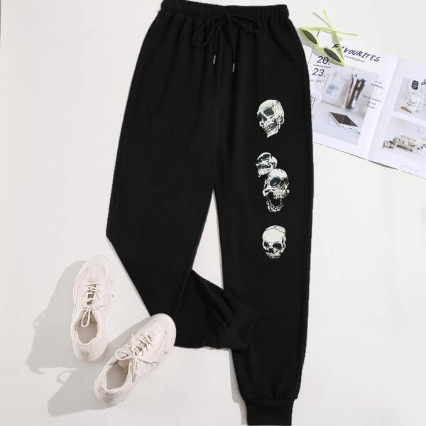 

Skull Print Knotted Front Sweatpants, Black
