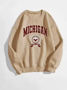 SHEIN Unity Letter & Eagle Print Sweatshirt - Khaki - View 1