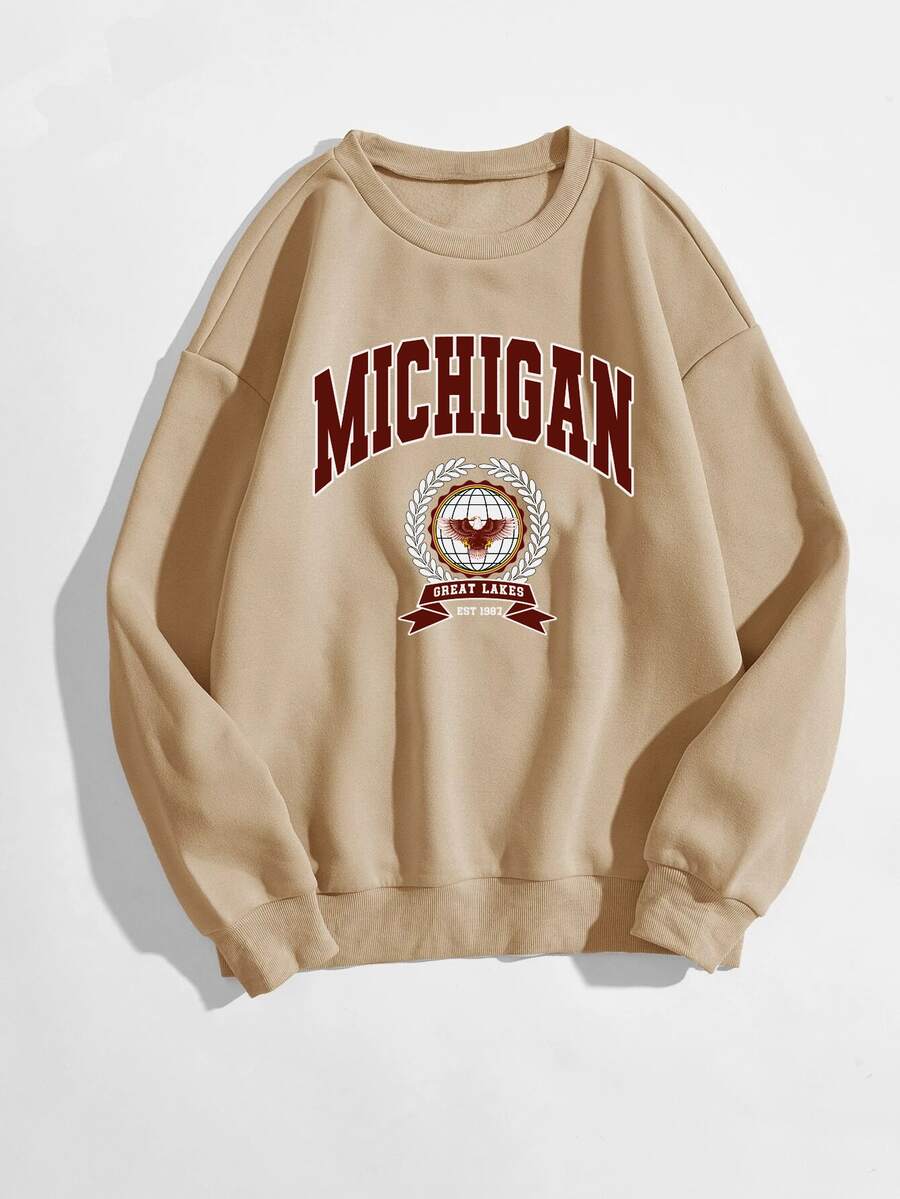 SHEIN Unity Letter & Eagle Print Sweatshirt - Khaki - View 1