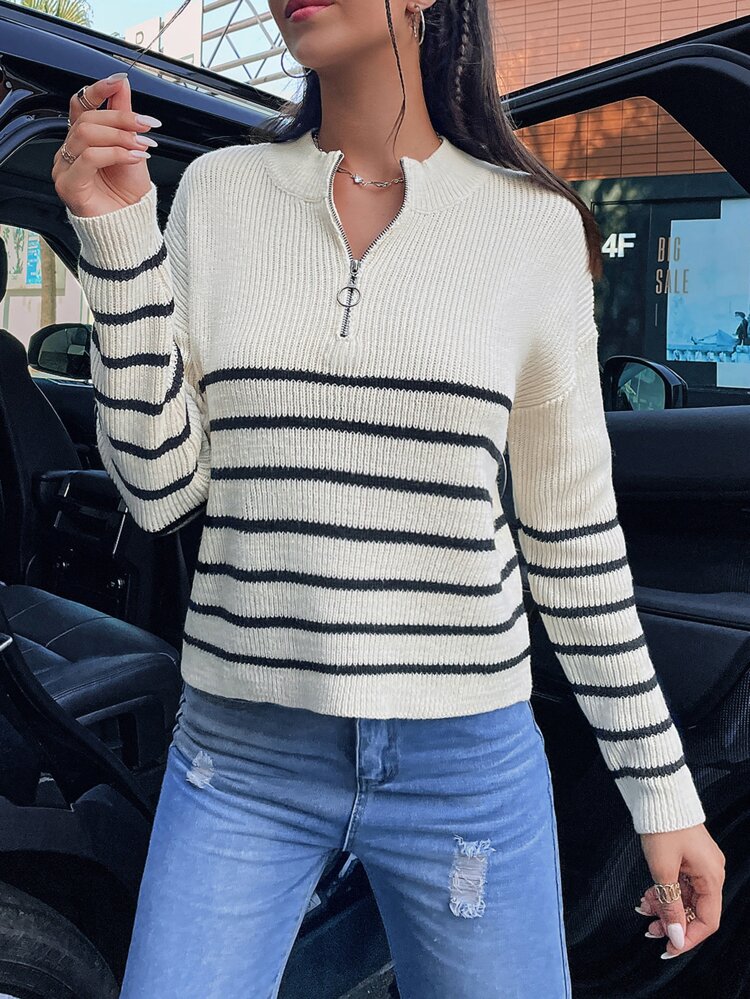 Striped Pattern Drop Shoulder Half Zip Sweater Knit Pullover Fall Winter