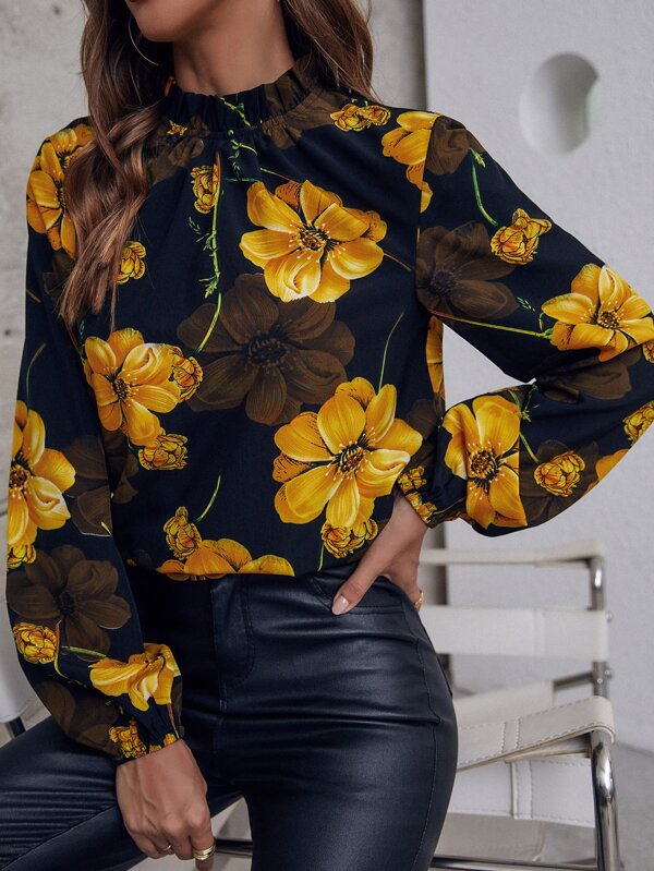 SHEIN Holidaya Bluză cu gât fals cu imprimeu floral, topuri cu mâneci lungi