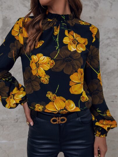 SHEIN Holidaya Floral Print Mock Neck Blouse,Long Sleeve Tops Fall Cloth For Women
