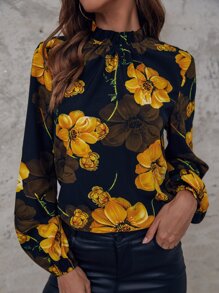 SHEIN Holidaya Floral Print Mock Neck Blouse,Long Sleeve Tops Fall Cloth For Women - Multicolor - View 6