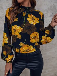 SHEIN Holidaya Floral Print Mock Neck Blouse,Long Sleeve Tops Fall Cloth For Women - Multicolor - View 7