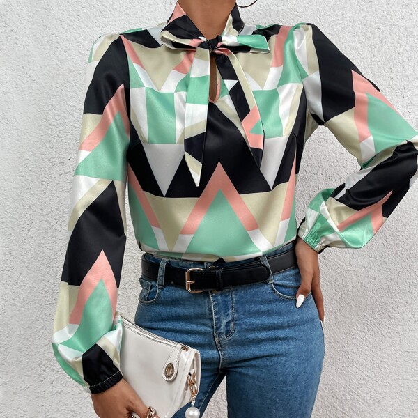 

Color Block Geo Print Tie Neck Satin Blouse, Multicolor