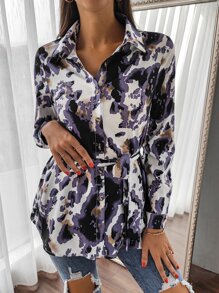 Graphic Print Belted Shirt - Multicolor - View 1