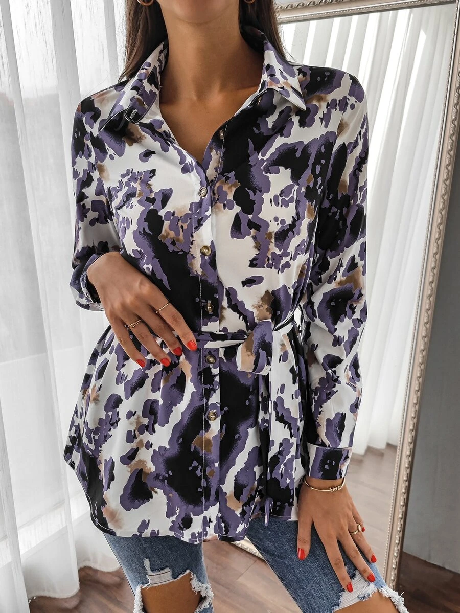 Graphic Print Belted Shirt - Multicolor - View 1