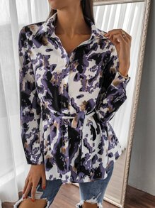 Graphic Print Belted Shirt - Multicolor - View 5