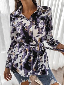 Graphic Print Belted Shirt - Multicolor - View 6