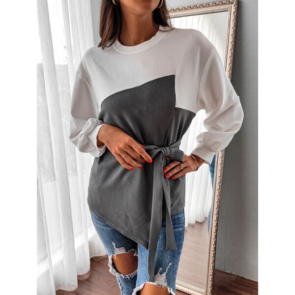 

Two Tone Lantern Sleeve Asymmetrical Hem Belted Tee, Multicolor