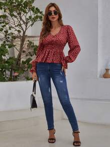 SHEIN Frenchy 小碎花荷葉袖荷葉邊下擺襯衫 - 酒紅色 - 查看 3