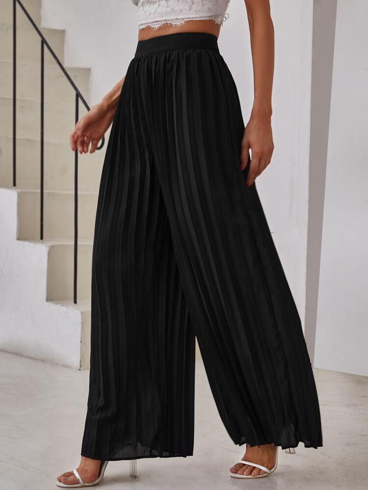 SHEIN Solid High Waist Pleated Wide Leg Pants - Black - View 1
