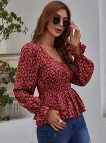 SHEIN Frenchy 小碎花荷葉袖荷葉邊下擺襯衫 - 酒紅色 - 查看 5