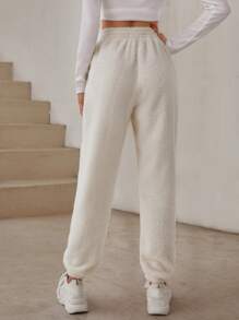 Muchica 彈性腰帶素色絨毛長褲 - 米色 - 查看 2