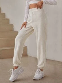 Muchica 彈性腰帶素色絨毛長褲 - 米色 - 查看 4