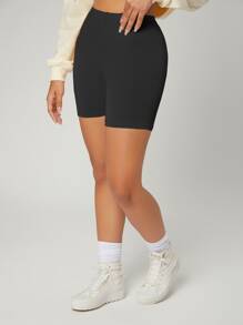SHEIN EZwear Shorts De Cycliste D'été Noir Solide À Taille Haute Et Sports Serrés