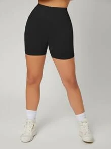 SHEIN EZwear Shorts De Cycliste D'été Noir Solide À Taille Haute Et Sports Serrés
