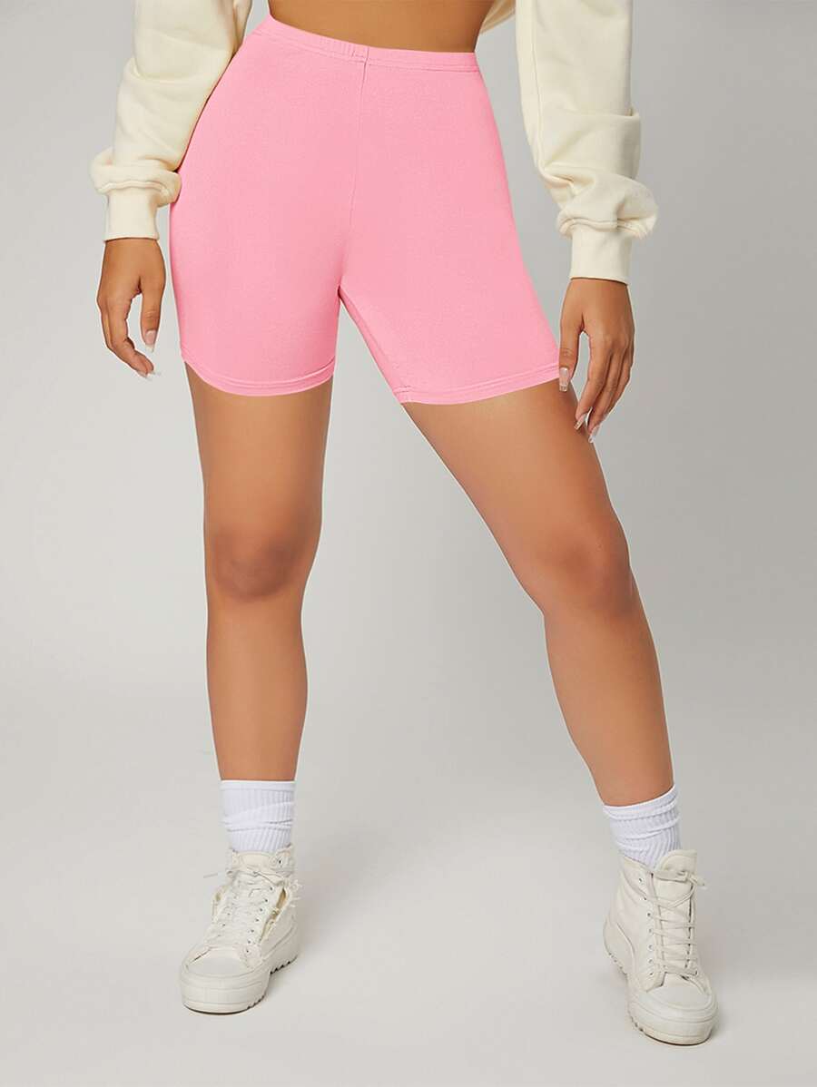 SHEIN EZwear 素色高腰騎行短褲 - 淺粉色 - 查看 1