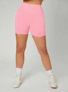 SHEIN EZwear 素色高腰騎行短褲 - 淺粉色 - 查看 3