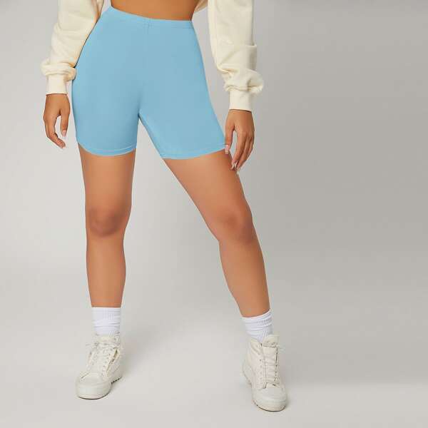 

Solid High Waist Biker Shorts, Baby blue