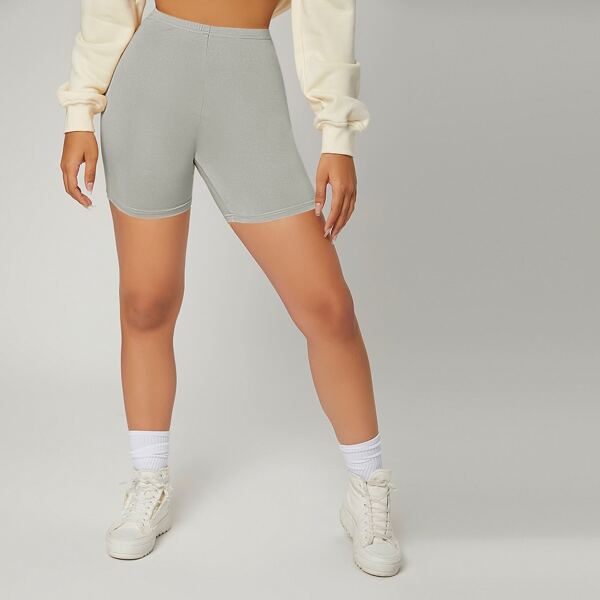 

Solid High Waist Biker Shorts, Light grey