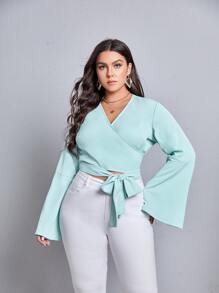 Plus Flounce Sleeve Tie Front Wrap Blouse - Mint Blue - View 1