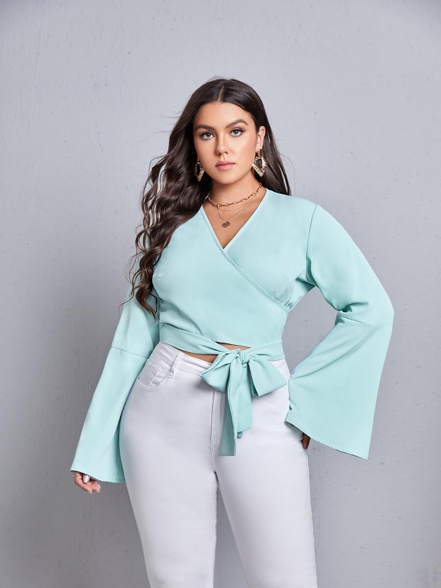 Plus Flounce Sleeve Tie Front Wrap Blouse - Mint Blue - View 1
