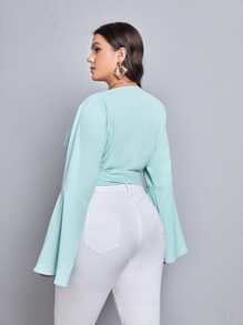Plus Flounce Sleeve Tie Front Wrap Blouse - Mint Blue - View 2