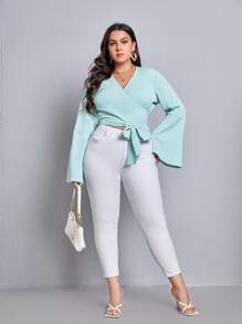 Plus Flounce Sleeve Tie Front Wrap Blouse - Mint Blue - View 3