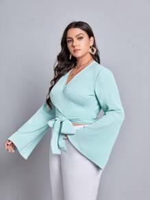 Plus Flounce Sleeve Tie Front Wrap Blouse - Mint Blue - View 4