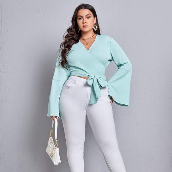 

Plus Flounce Sleeve Tie Front Wrap Blouse, Mint blue