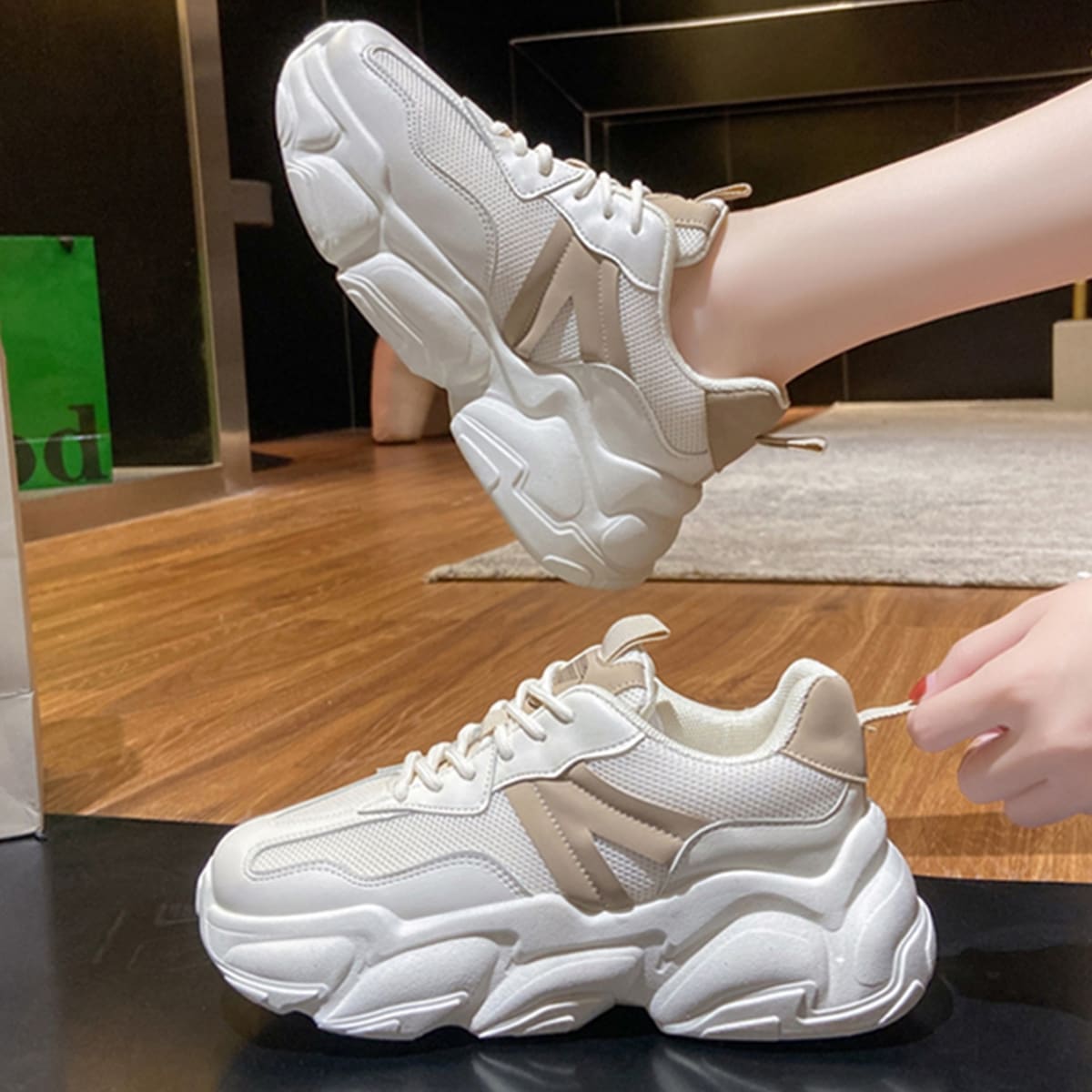 

Minimalist Lace-up Front Mesh Panel Sneakers, Beige