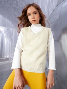 SHEIN Girls Solid Sweater Vest Without Top - Beige - View 5