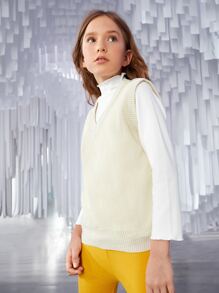 SHEIN Girls Solid Sweater Vest Without Top - Beige - View 8