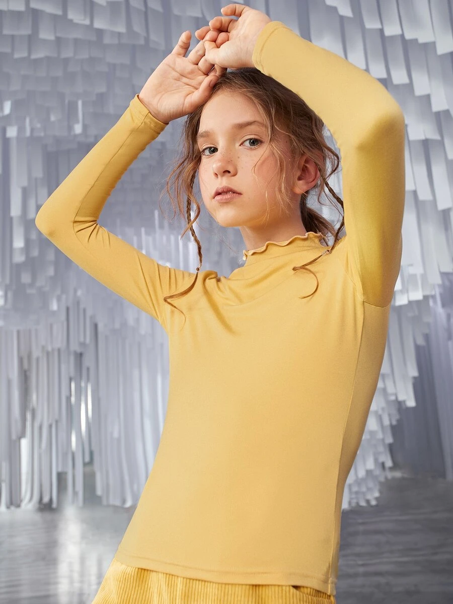 SHEIN Girls Solid Lettuce Trim Tee - Yellow - View 1