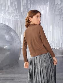 SHEIN Niñas Camiseta tejido de canalé cuello alto - Marrón Mocha - Ver 3