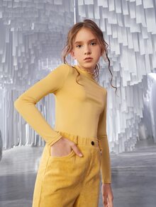 SHEIN Girls Solid Lettuce Trim Tee - Yellow - View 4