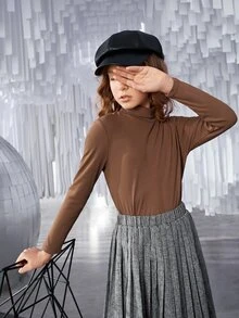 SHEIN Niñas Camiseta tejido de canalé cuello alto - Marrón Mocha - Ver 6