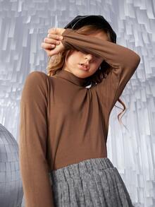 SHEIN Niñas Camiseta tejido de canalé cuello alto - Marrón Mocha - Ver 8